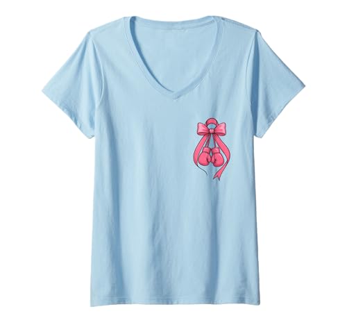 Damen Boxhandschuhe mit Schleife, Brustkrebs-Bewusstsein T-Shirt mit V-Ausschnitt Damen Boxhandschuhe mit Schleife, Brustkrebs-Bewusstsein T-Shirt mit V-Ausschnitt von Her Fight Is Our Fight Cute Pink Ribbon Bow Tee