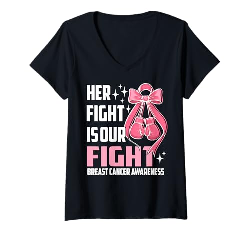 Damen Boxhandschuhe mit Schleife, Brustkrebs-Bewusstsein T-Shirt mit V-Ausschnitt Damen Boxhandschuhe mit Schleife, Brustkrebs-Bewusstsein T-Shirt mit V-Ausschnitt von Her Fight Is Our Fight Cute Pink Ribbon Bow Tee