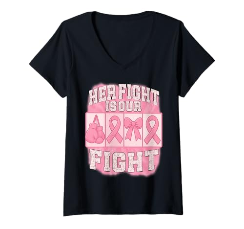 Damen Boxhandschuhe mit Schleife, Brustkrebs-Bewusstsein T-Shirt mit V-Ausschnitt Damen Boxhandschuhe mit Schleife, Brustkrebs-Bewusstsein T-Shirt mit V-Ausschnitt von Her Fight Is Our Fight Cute Pink Ribbon Bow Tee