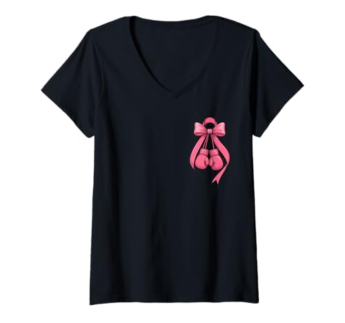 Damen Boxhandschuhe mit Schleife, Brustkrebs-Bewusstsein T-Shirt mit V-Ausschnitt Damen Boxhandschuhe mit Schleife, Brustkrebs-Bewusstsein T-Shirt mit V-Ausschnitt von Her Fight Is Our Fight Cute Pink Ribbon Bow Tee