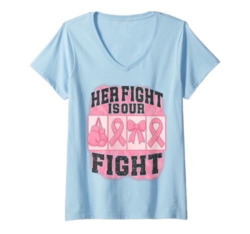 Damen Boxhandschuhe mit Schleife, Brustkrebs-Bewusstsein T-Shirt mit V-Ausschnitt Damen Boxhandschuhe mit Schleife, Brustkrebs-Bewusstsein T-Shirt mit V-Ausschnitt von Her Fight Is Our Fight Cute Pink Ribbon Bow Tee
