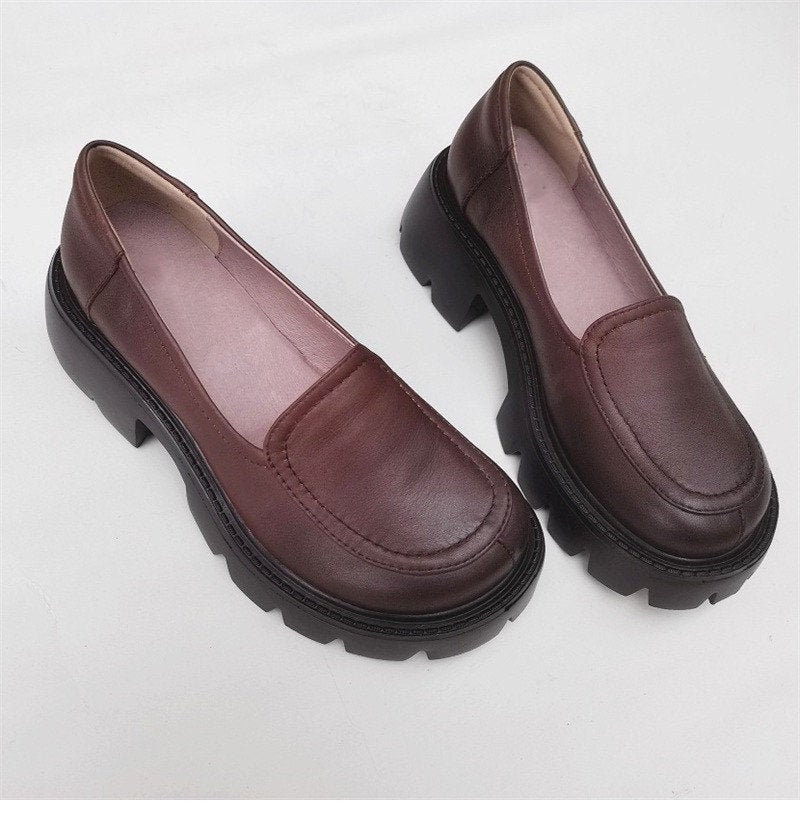 Sehr Bequeme Handgemachte Lederschuhe Für Frauen, Oxford Retro Schuhe, Dicke Sohlenschuhe, Persönliche Plateau Fersenschuhe von HerHis