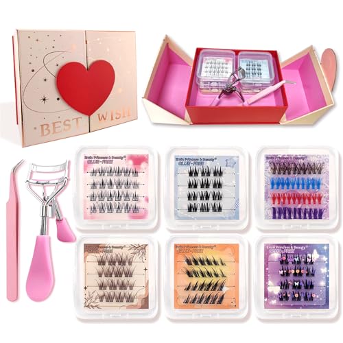 6 Styles Mixed Selbstklebende Wimpern Cluster Kit with Lashes Curler, vorgeklebte Wimpernbüschel 128 Stück Flauschiges C Curl Einzelwimpern Kein Kleber Kein Entferner (Gift) von Heracks