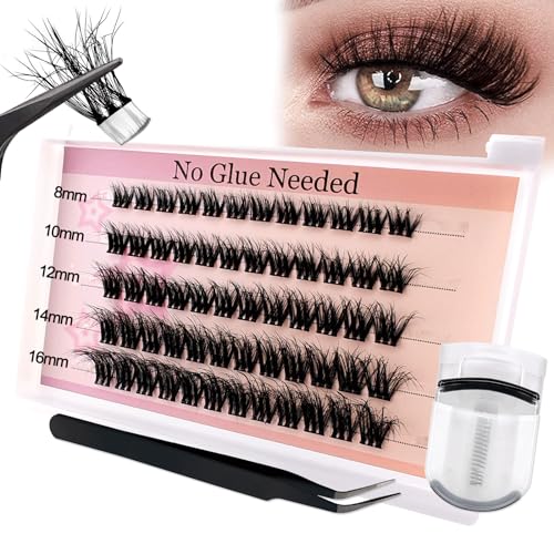 Selbstklebende Wimpern Cluster Kit with Lashes Curler, vorgeklebte Wimpernbüschel 60 Stück Flauschiges C Curl Einzelwimpern 8-16mm Kein Kleber Kein Entferner benötigt DIY Wimpernverlängerung Kit(W53) von Heracks