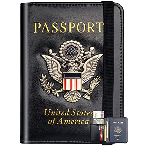 Herain Travel Essentials Reisepasshülle, Reisepasshülle, Reisezubehör, Metall-US-Abzeichen, Reisepassbuch mit RFID-Blockierung, für Männer und Frauen, Familie, Schwarz, Wasserdicht, kompakt von Herain