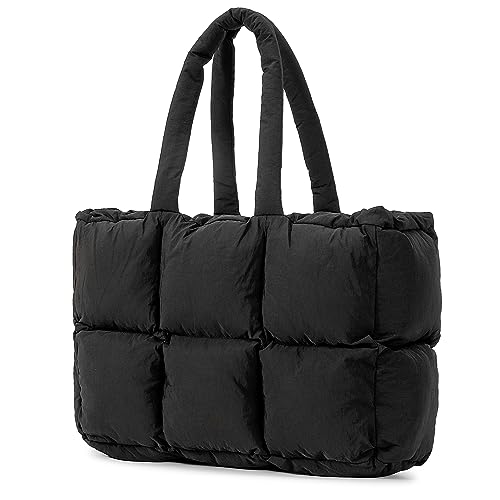 Herald Puffer Tote Bag für Frauen, große gesteppte Puffy Handtasche Leichte Winter Daunenpolsterung Gitter Satchel Geldbörse, Schwarz, Large von Herald