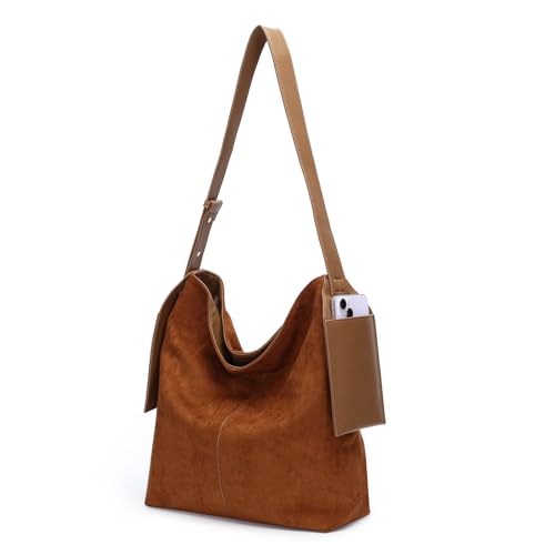Herald Slouchy Retro Wildleder Hobo Schultertasche für Damen, Vintage Bucket Crossbody Geldbörse Tote Handtasche mit Handytasche, Braun von Herald