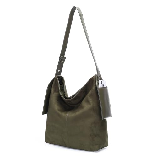 Herald Slouchy Retro Wildleder Hobo Schultertasche für Damen, Vintage Bucket Crossbody Geldbörse Tote Handtasche mit Handytasche, Grün von Herald