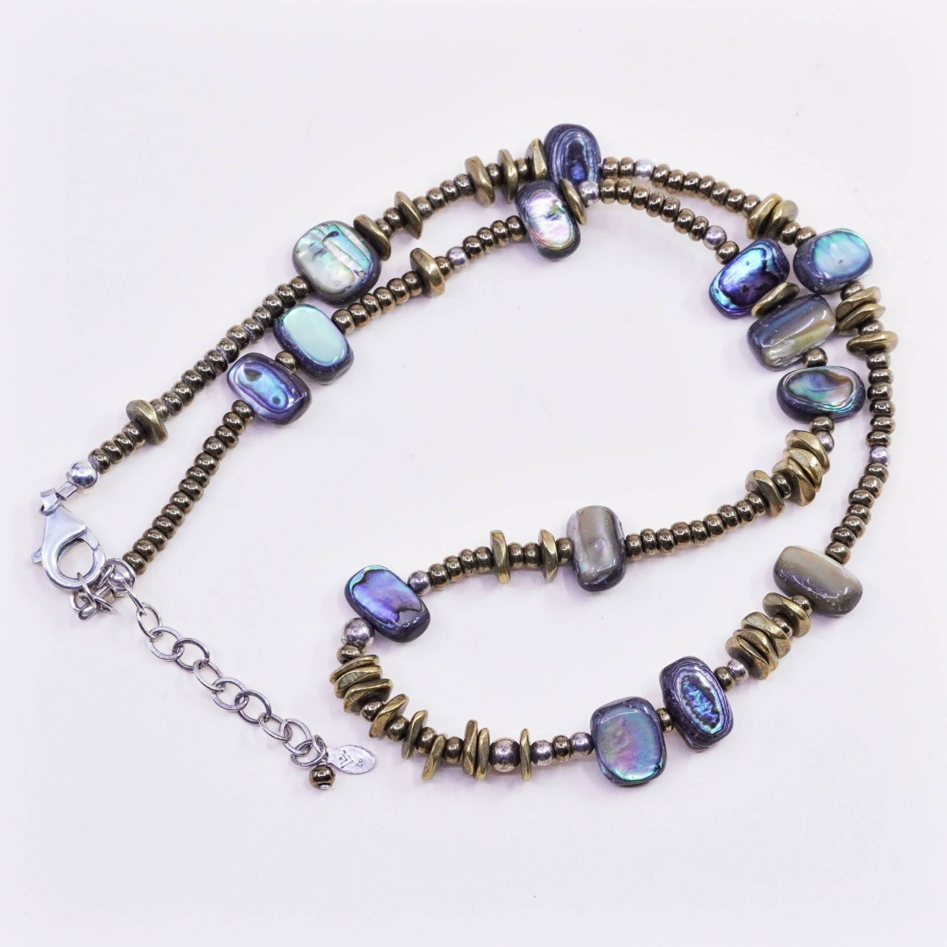 16"+2", Vintage Handgemachte Perlenkette, Abalone Mit Messingperlen, Gestempelt 925 Auf Verschluss von HerasJewel