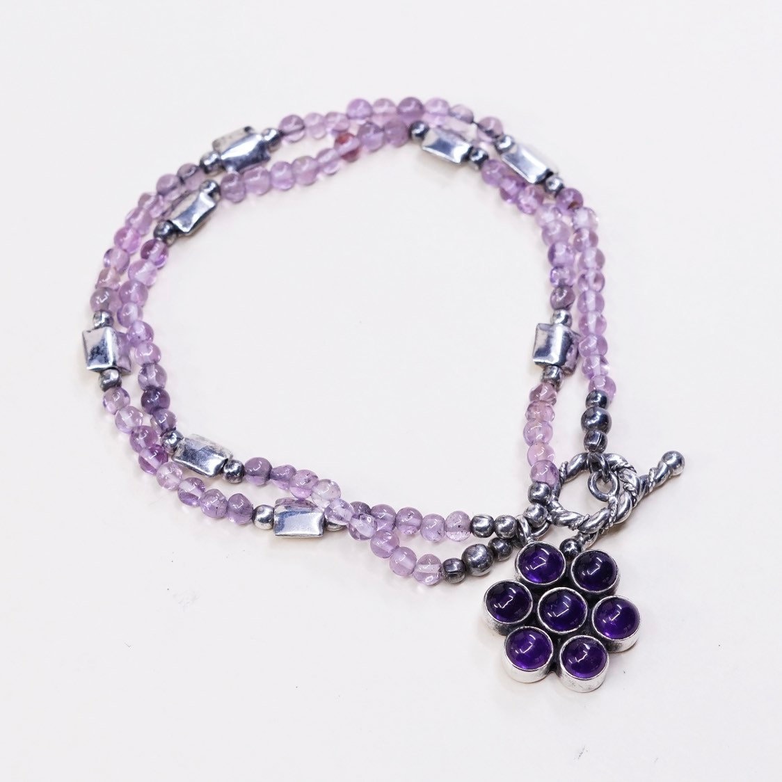 16", Vintage Halskette Aus Amethyst Und Sterlingsilberperlen Amethystblumenanhänger, Handgefertigte Knebelverschluss, Gestempelt von HerasJewel