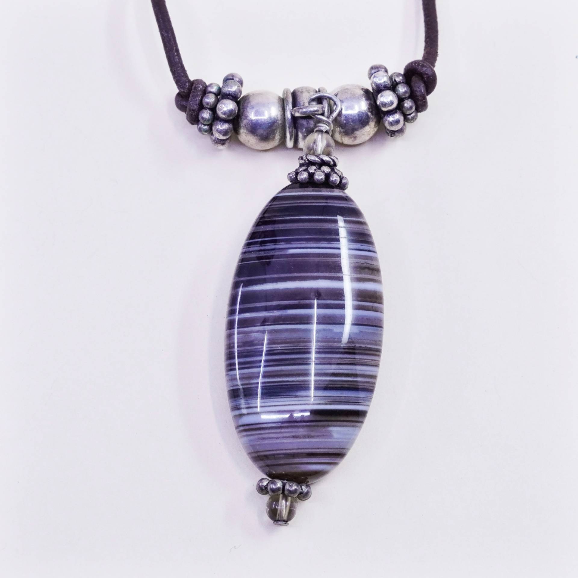 16", Vintage Handgemachte Lederkette Mit Achat Anhänger, Gestempelt 925, 925 Silber Verschluss von HerasJewel