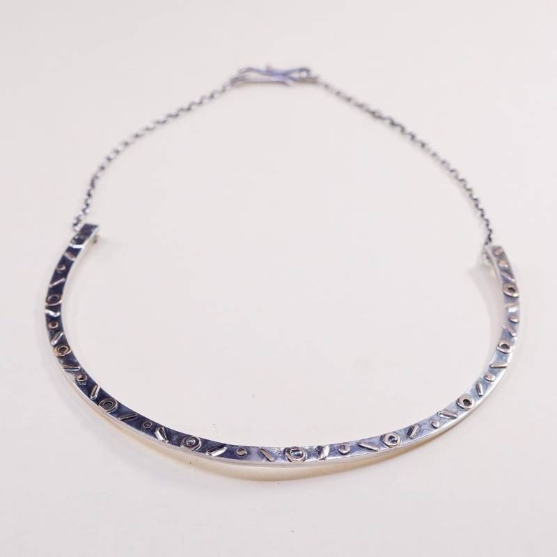 16", Vintage Sterling Silber Handgemachte Halskette, Zweifarbiges Halsband Mit Messing Muster Oberfläche, Silber Geprüft von HerasJewel