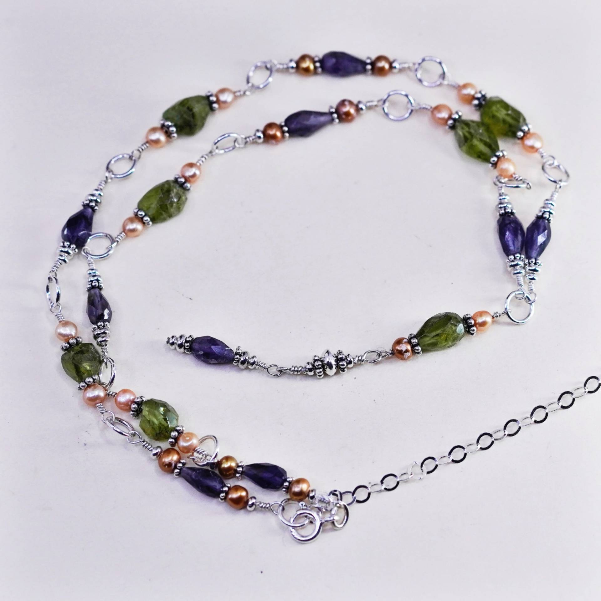 19+4", 1mm, Vintage Sterling Silber Handarbeit Halskette, 925 Kette Mit Natürlicher Peridot Amethyst Perle, Gestempelt von HerasJewel