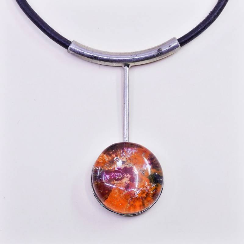 24", Vintage Handgemachte Lederkette Mit Kunsthandwerklichem Glasanhänger, Gestempelt 925, 925 Silber Verschluss von HerasJewel