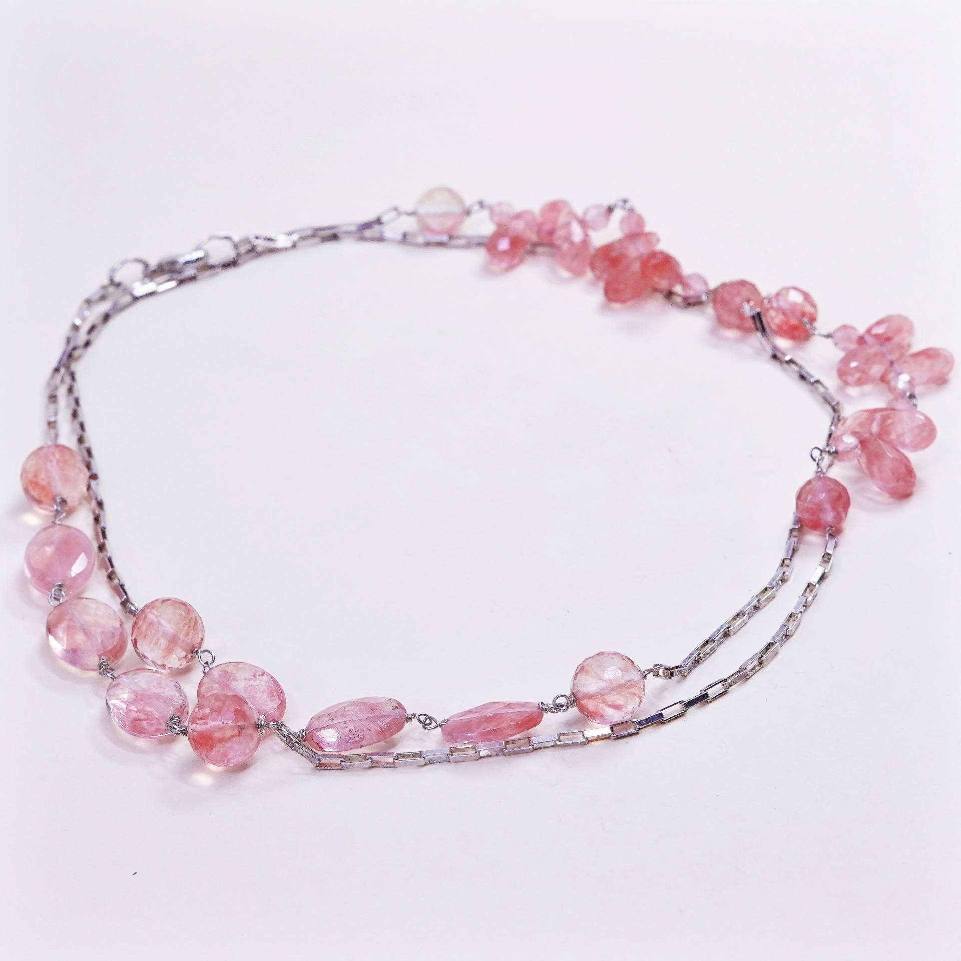 34", Vintage Sterling Silber Handarbeit Halskette, Feine 925 Längliche Gliederkette Mit Rosa Quarz Anhänger, Gestempelt von HerasJewel