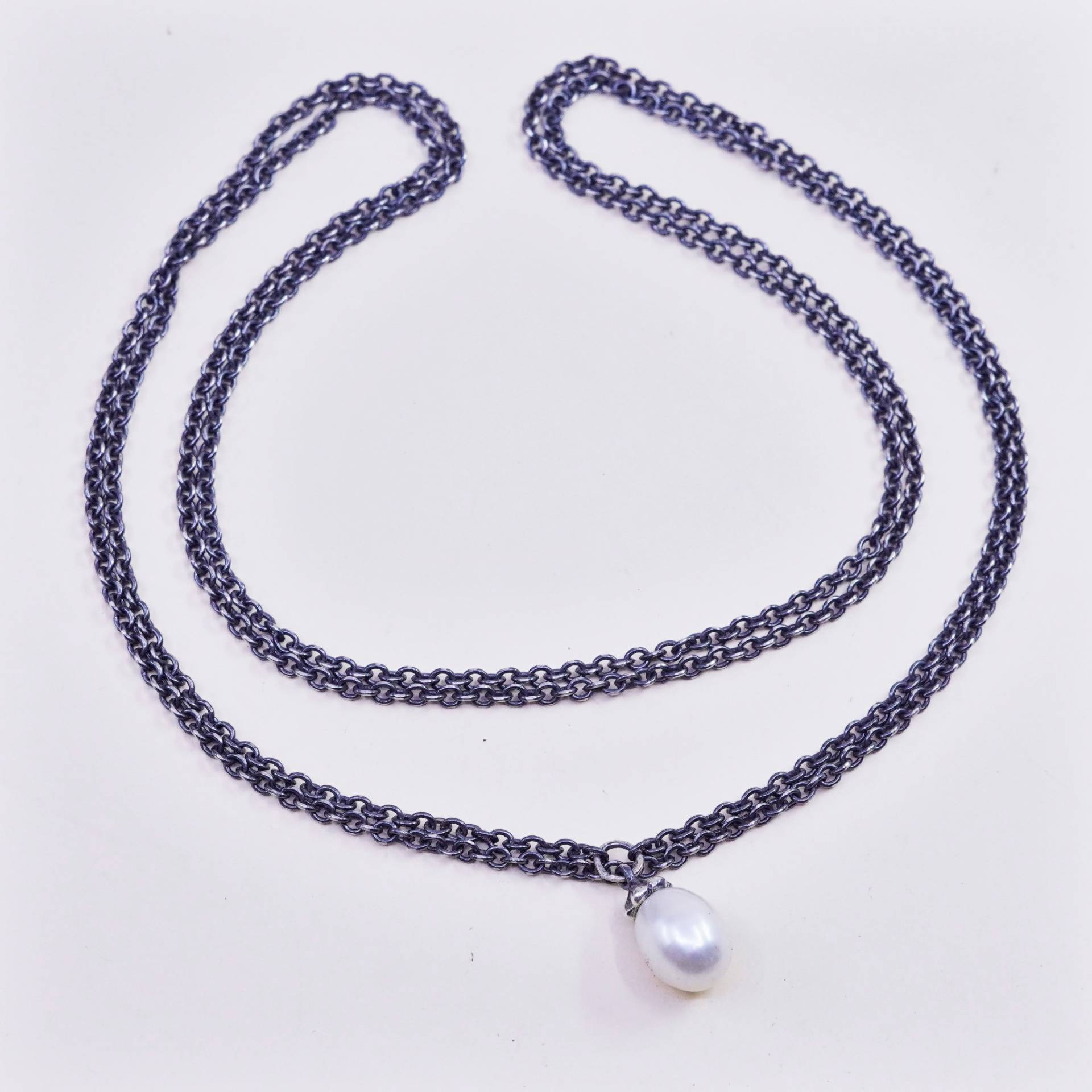 40", 2mm, Vintage Sterling Silber Handarbeit Halskette, 925 Kreis Gliederkette Mit Perlen Anhänger, Silber Geprüft von HerasJewel