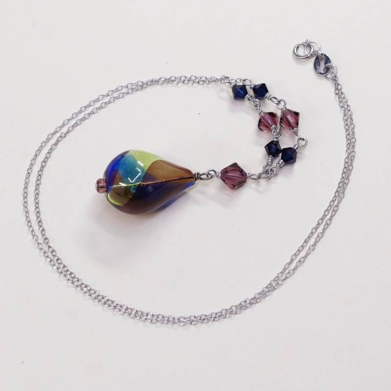 45, 5cm Lange Handgefädelte Vintage Silberkette, Feine 925Er Silber Kreiskette Mit Buntem Glasanhänger, Gestempelt 925 von HerasJewel