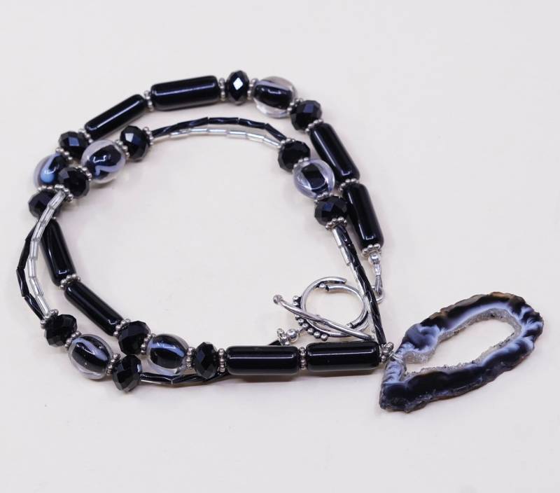 45 cm, Handgefertigte Vintage-Kette Aus Sterlingsilber, 925Er Silberperlen Mit Achat-Anhänger, Gestempelt 925 von HerasJewel