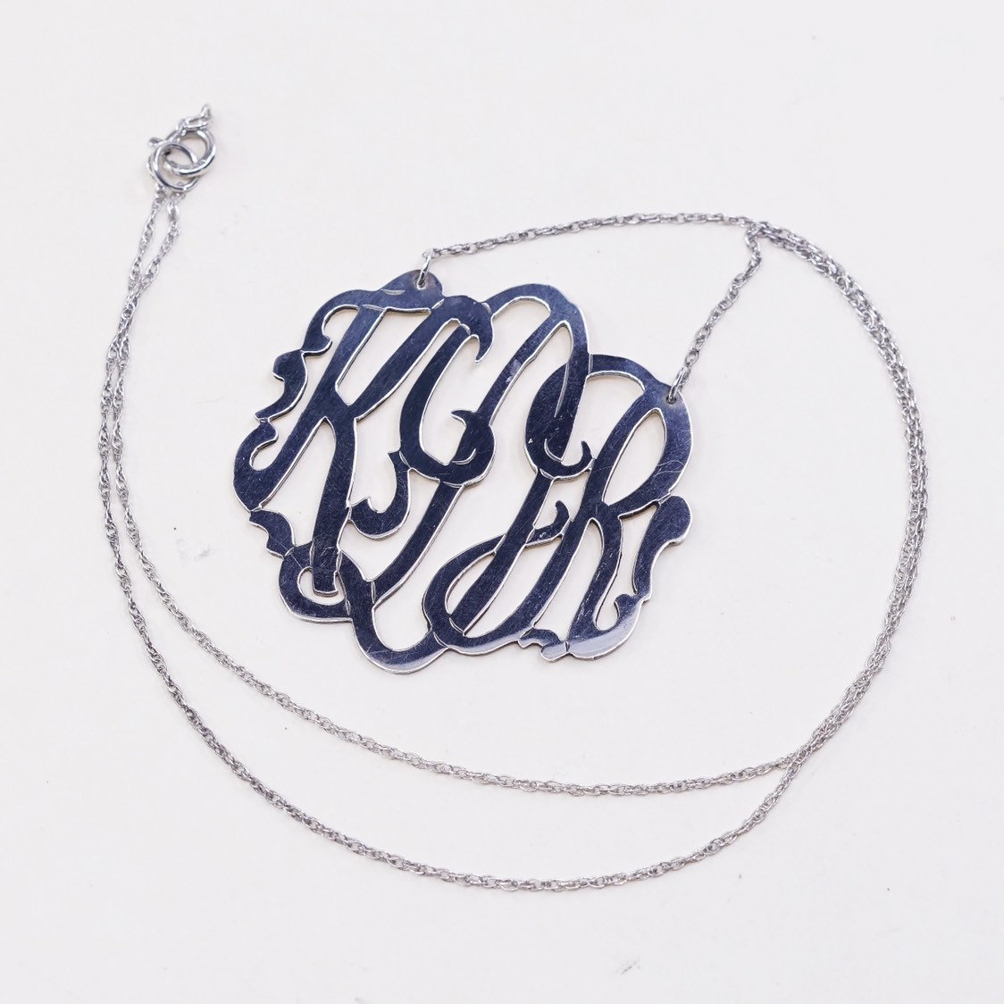 45 cm Lange Vintage Sterling Silber Halskette, Handgefertigte Gliederkette Mit Monogramm "Kdr", Anhänger, Initial, Namen, Gestempelt 925 von HerasJewel