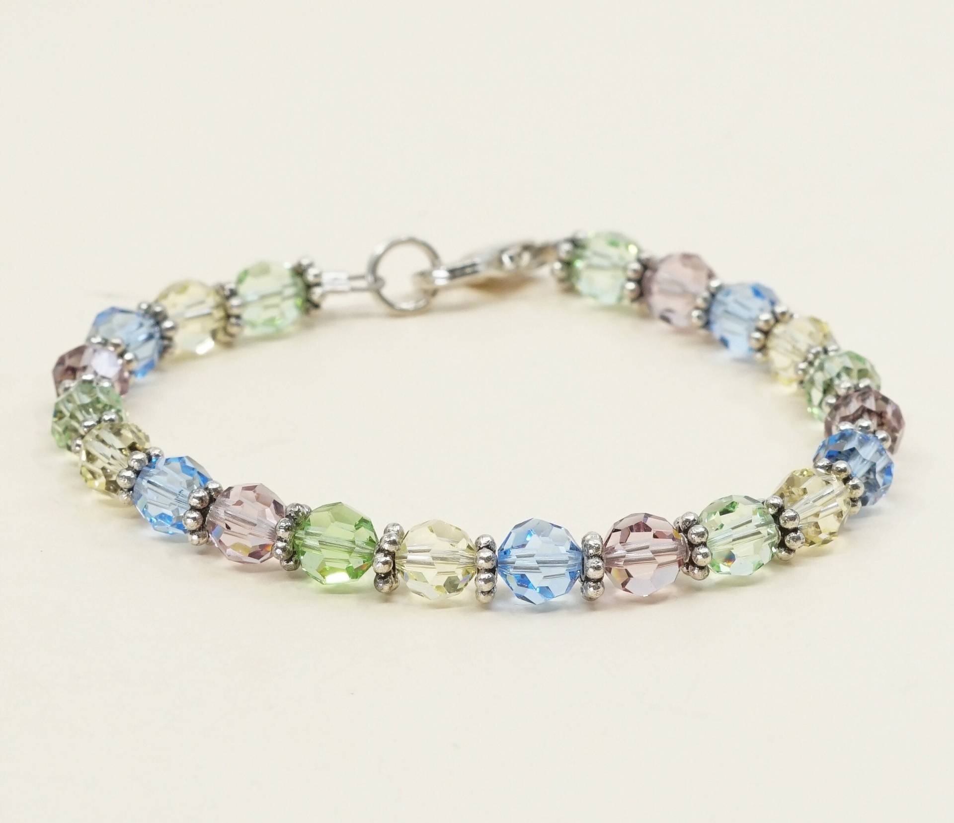 6, 5", Vintage | 030047 Sterling Silber Handgemachtes Armband, Massive 925 Perlen Mit Bunten Kristallperlen, Gestempelt von HerasJewel