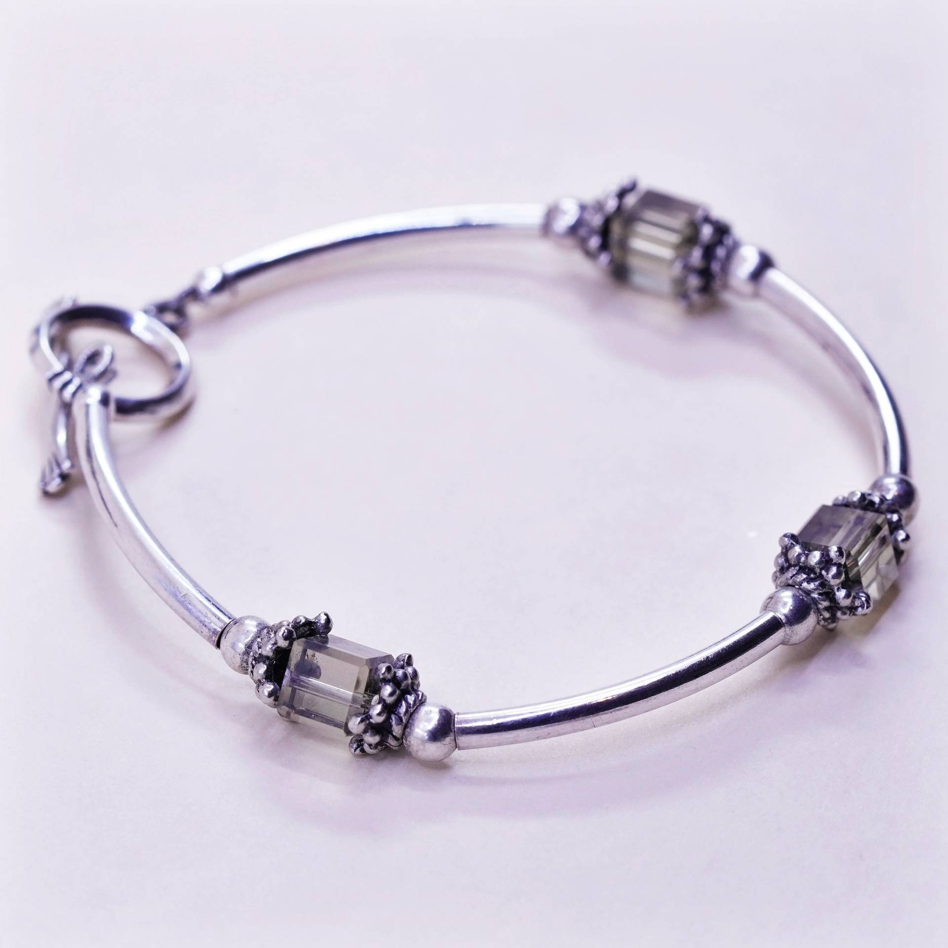 6, 5", Vintage Sterling Silber Handgemachtes Armband, 925 Bar Mit Rauchigen Kristallperlen, Gestempelt von HerasJewel