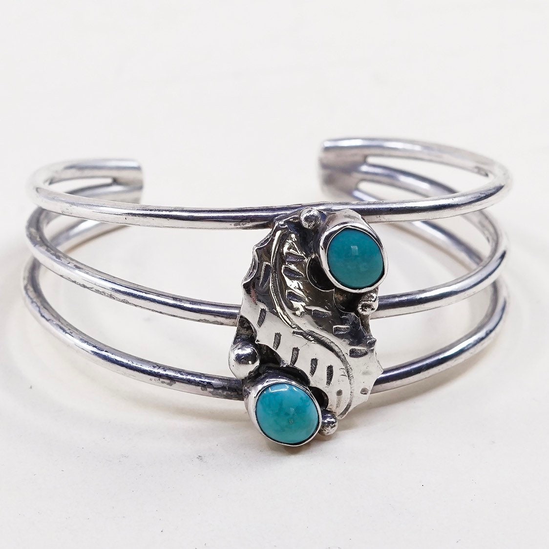 6", Vintage | 030693 Handgemachte Sterling 925 Silber Armspange Mit Blau Grün Türkis Und Blatt, Geprüft von HerasJewel