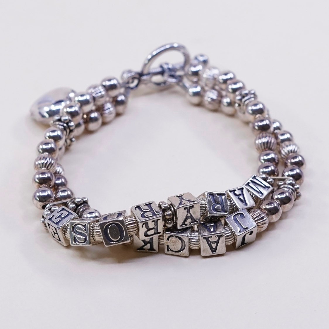 6", Vintage | 030774 Sterling Silber Handarbeit Armband, 925 Doppelstränge Perlen Kette Mit "Mary Rose Jack" Und Knebelverschluss, Stam von HerasJewel