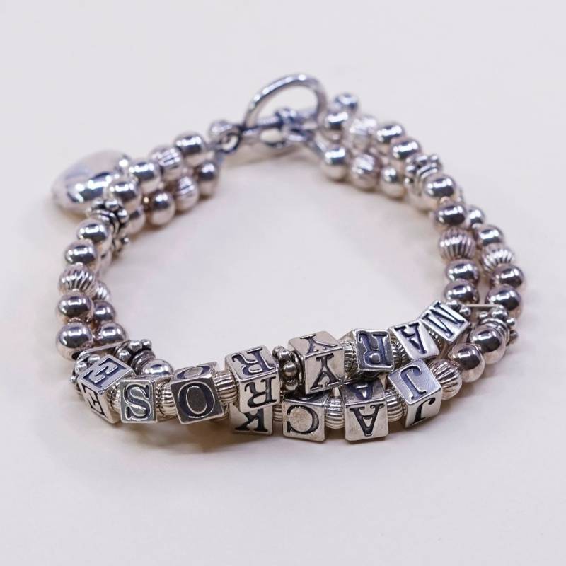 6", Vintage | 030774 Sterling Silber Handarbeit Armband, 925 Doppelstränge Perlen Kette Mit "Mary Rose Jack" Und Knebelverschluss, Stam von HerasJewel