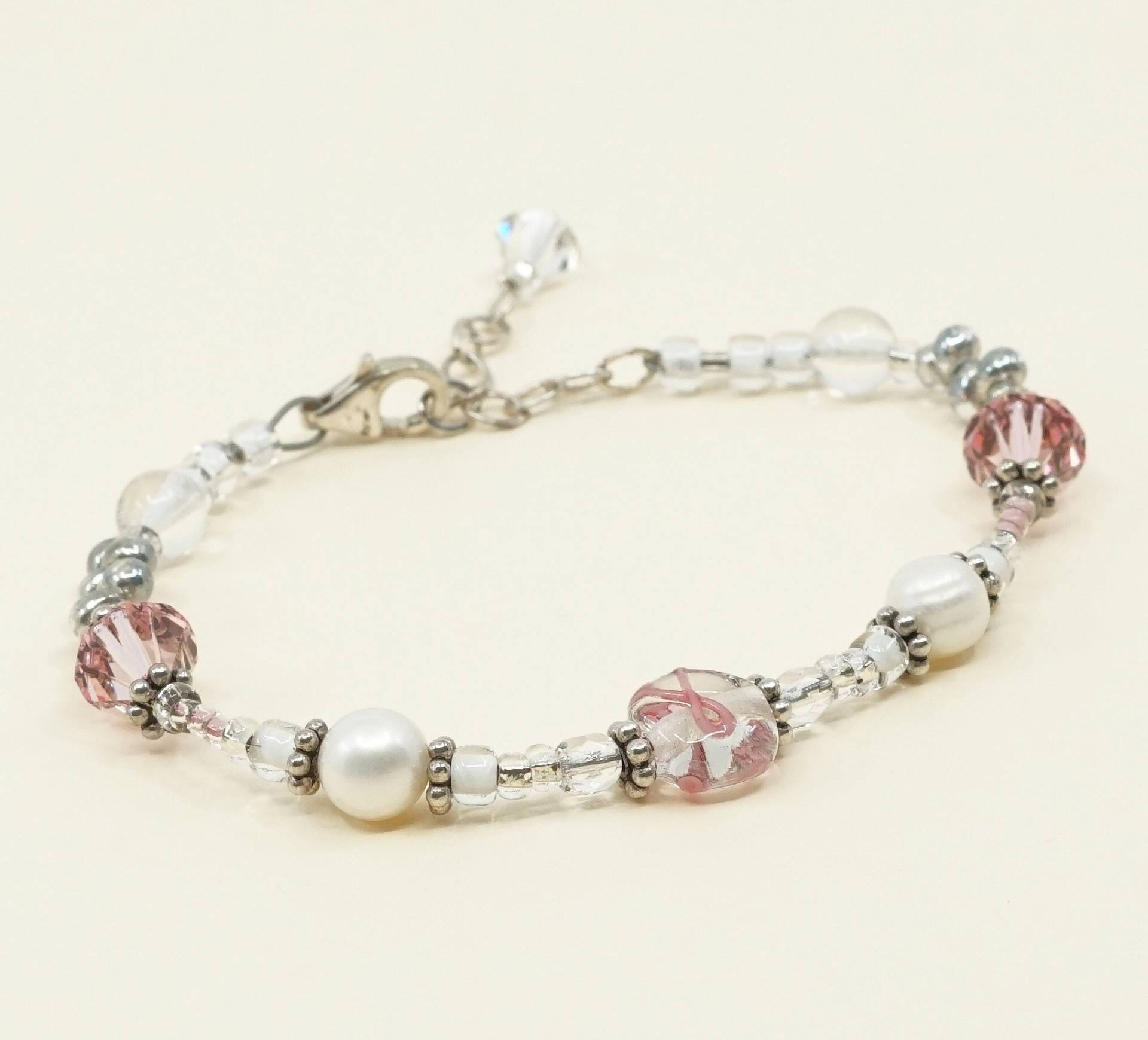 6.25"+1", Vintage | 030168 Sterling Silber Handgemachtes Armband, Perlen Mit Rosa Kristall, Gestempelt 925 von HerasJewel
