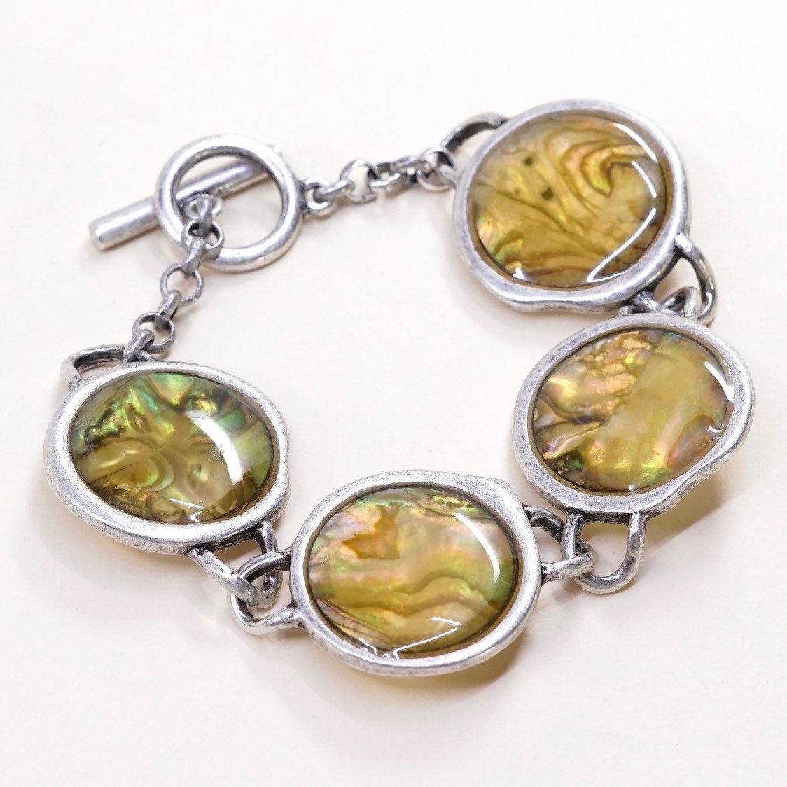 6.75", Vintage | 030621 Sterling Silber Handgemachtes Armband, Massiver 925 Knebelverschluss Mit Abalone, Silber Geprüft von HerasJewel