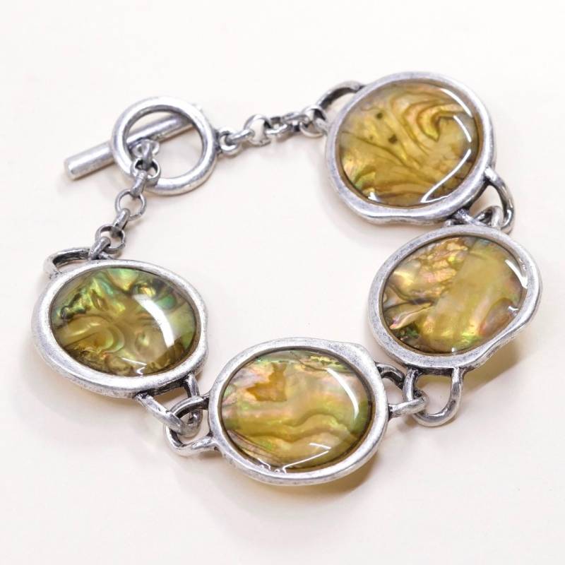 6.75", Vintage | 030621 Sterling Silber Handgemachtes Armband, Massiver 925 Knebelverschluss Mit Abalone, Silber Geprüft von HerasJewel