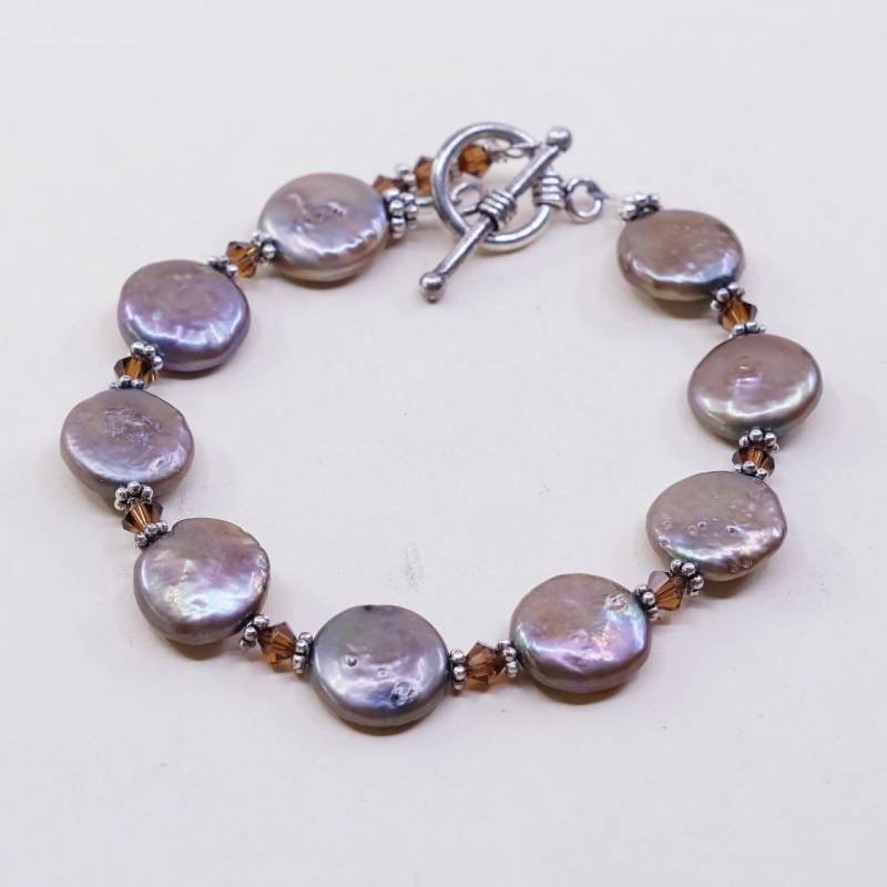6.75", Vintage | 030828 Handgemachtes Silber Ton Armband, Lila Graue Perlen Mit Und Knebelverschluss von HerasJewel