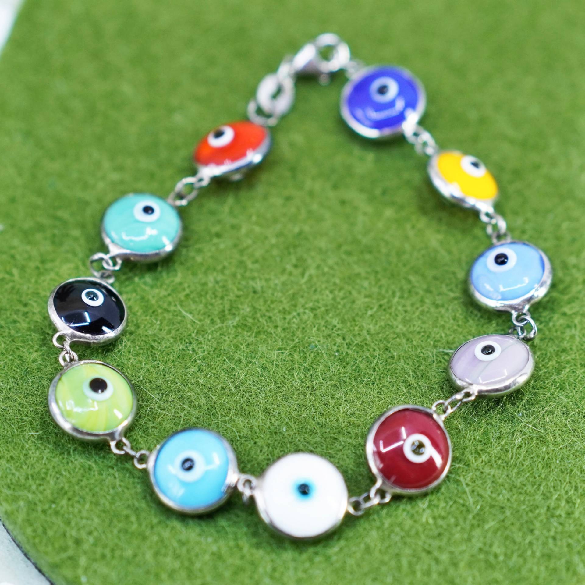 6.75", Vintage Handgemachtes Sterling Silber Armband, Bunte Glas Evil Eye Perlen, Gestempelt 925 von HerasJewel