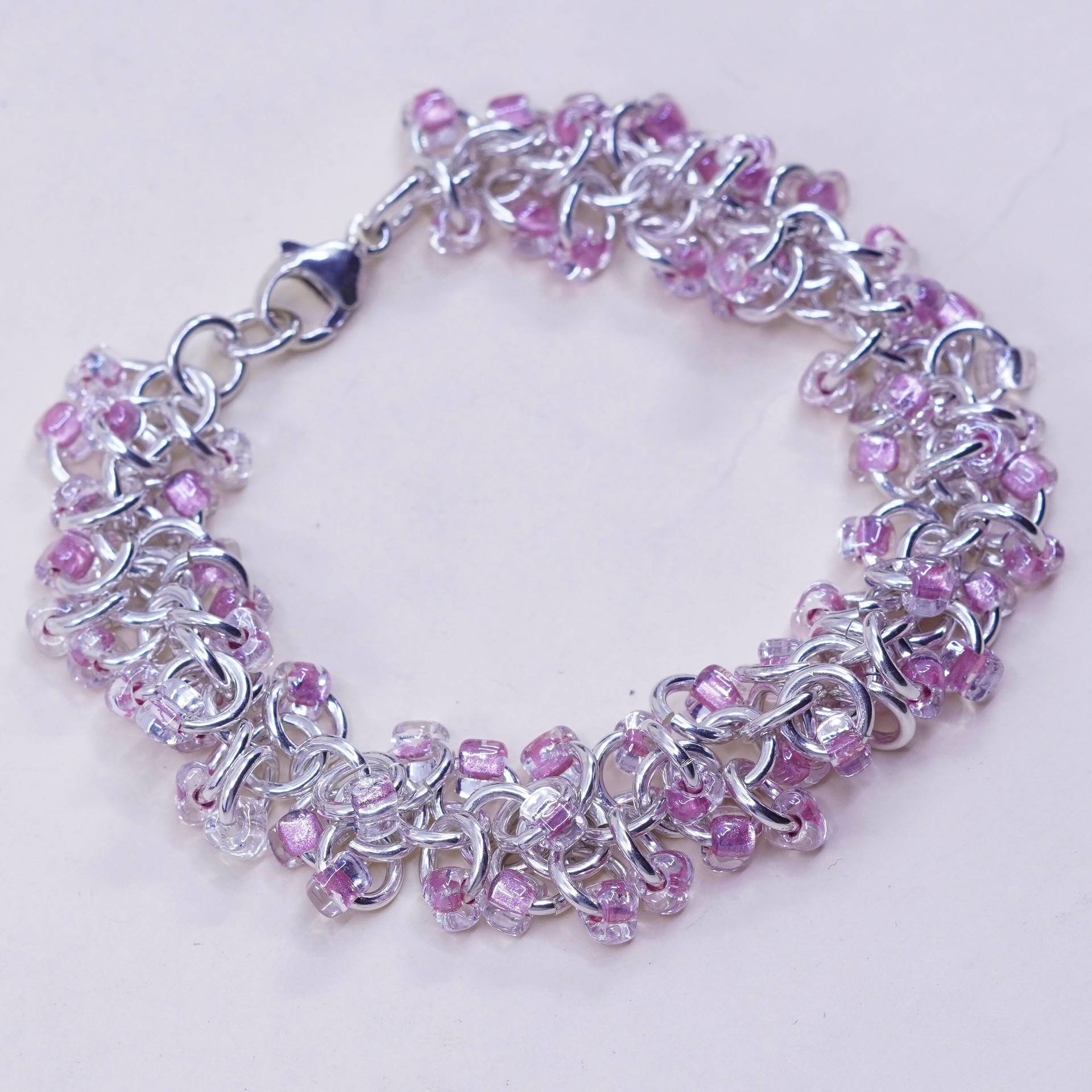 6.75", Vintage Sterling Silber Armband, 925 Kreis Kette Mit Cluster Rosa Perlen, Gestempelt von HerasJewel