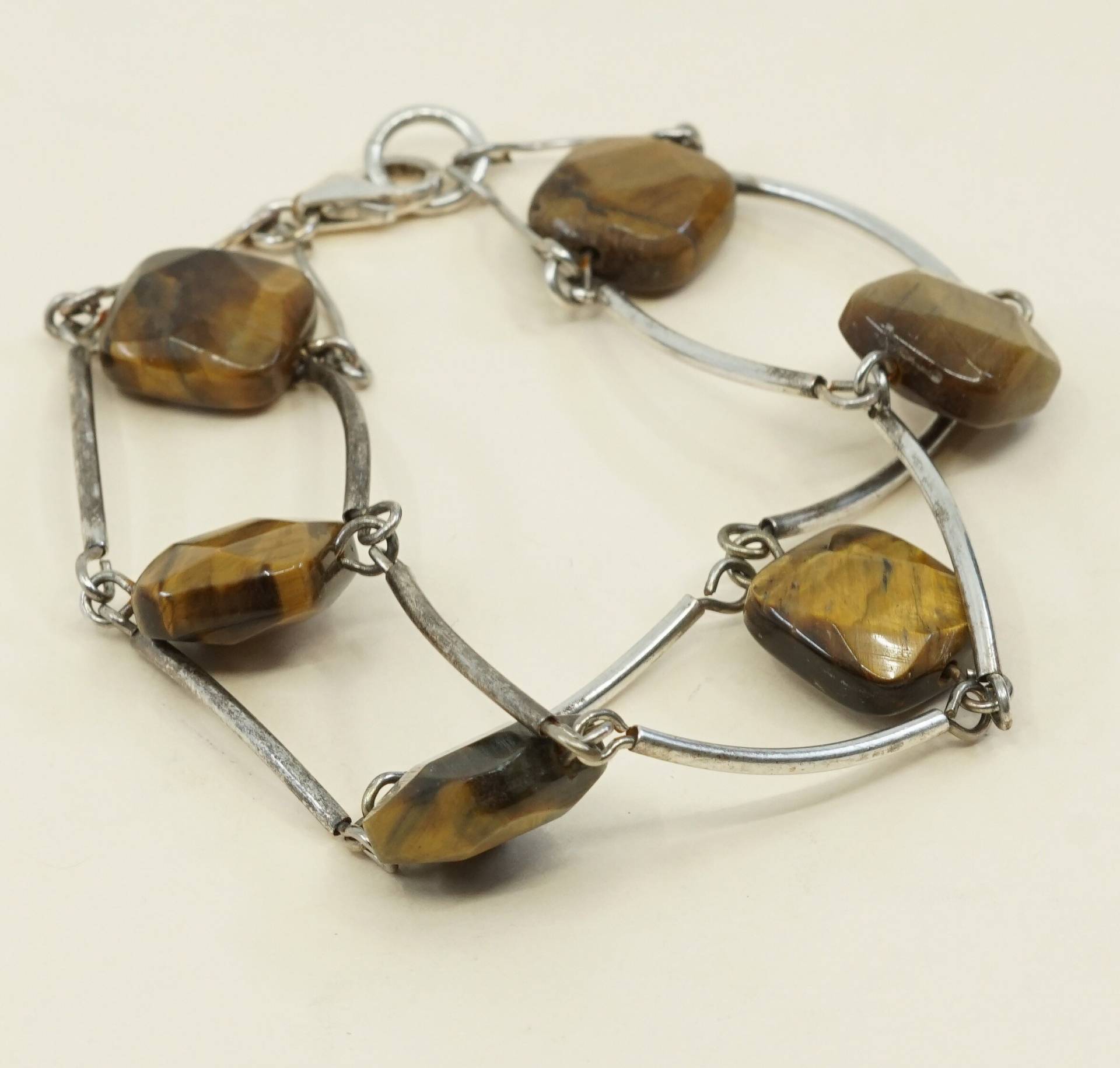 6.75", Vintage Sterling Silber Handarbeit Armband, Massiver 925 Bar Link Mit Goldenen Tigerauge Perlen, Gestempelt von HerasJewel