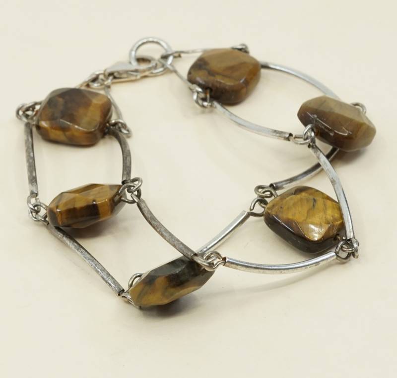 6.75", Vintage Sterling Silber Handarbeit Armband, Massiver 925 Bar Link Mit Goldenen Tigerauge Perlen, Gestempelt von HerasJewel