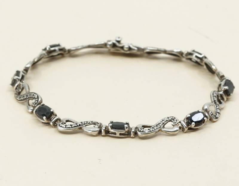 7, 5" Vintage Sterling 925 Silber Doppelherz Verbunden Mit Obsidian Inlay Tennis Armband, Gestempelt von HerasJewel