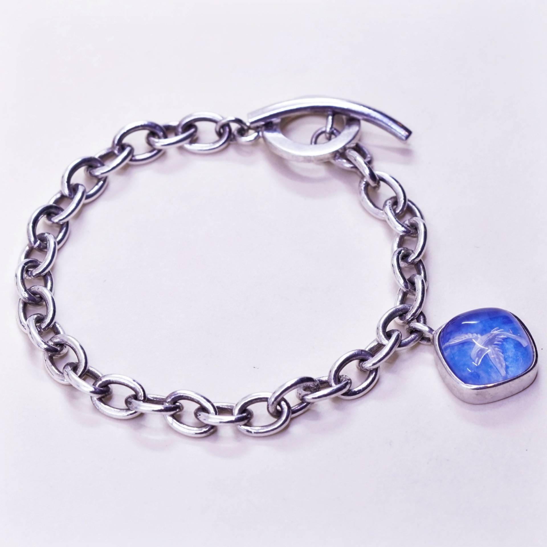 7", 6mm, Vintage Ricardo Intaglio Cayman Islands Sterling 925 Silber Armband Mit Blauem Taube Charm Und Knebelverschluss, Gestempelt von HerasJewel