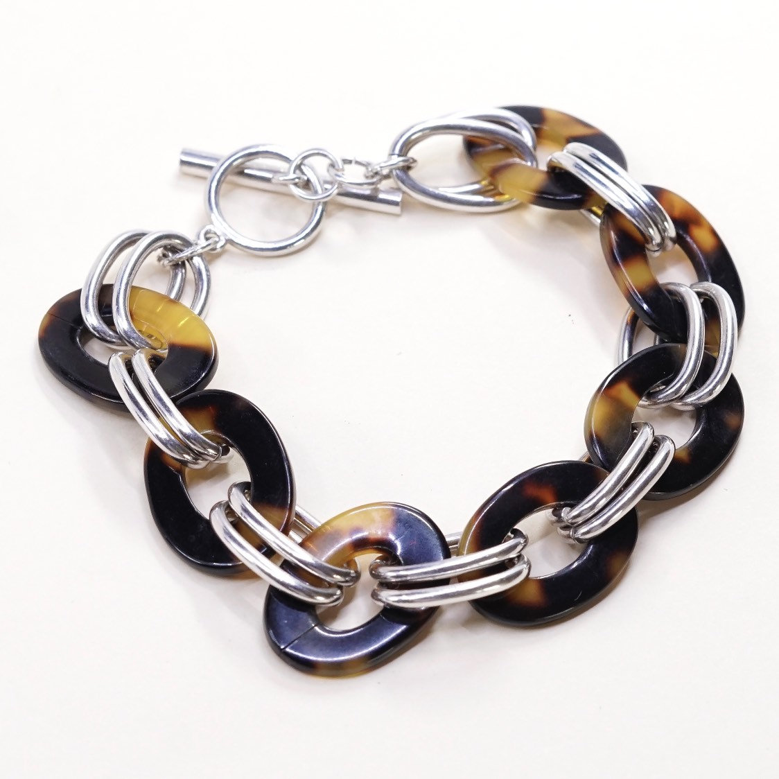 7", Vintage | 030616 Sterling Silber Kreis Gliederarmband, Charm Armband, Feine 925 Doppelkreis Gliederkette Mit Bernstein Knebel Closur von HerasJewel