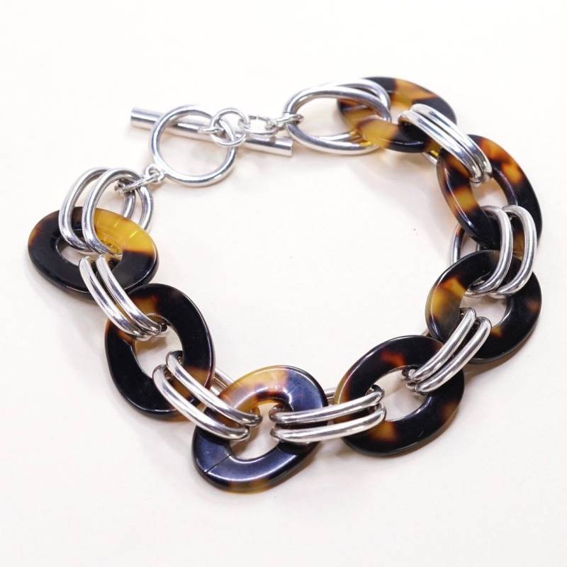 7", Vintage | 030616 Sterling Silber Kreis Gliederarmband, Charm Armband, Feine 925 Doppelkreis Gliederkette Mit Bernstein Knebel Closur von HerasJewel