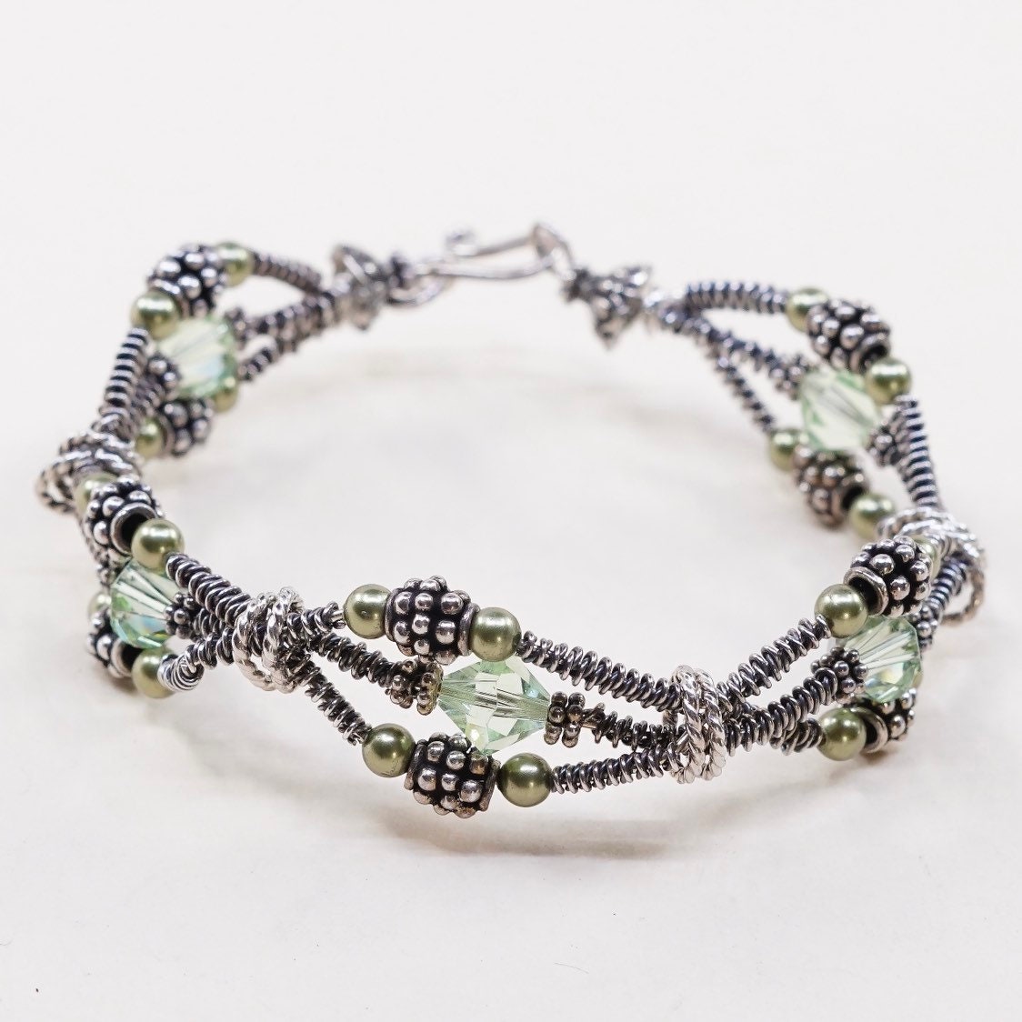 7", Vintage | 030628 Sterling Silber Armband, 925 Armreif Mit Perlen Und Swarovski Kristall Inlay, Silber Geprüft von HerasJewel