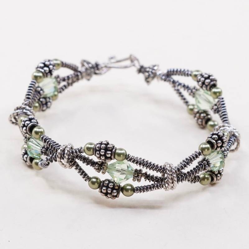 7", Vintage | 030628 Sterling Silber Armband, 925 Armreif Mit Perlen Und Swarovski Kristall Inlay, Silber Geprüft von HerasJewel