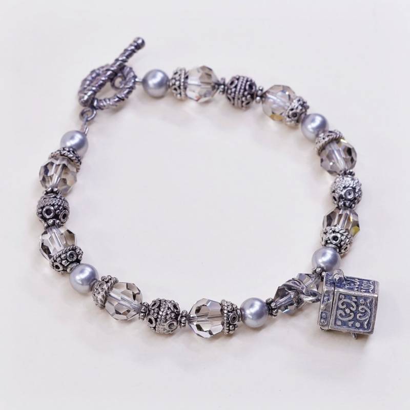 7", Vintage | 030764 Sterling Silber Handgemachtes Armband, Massive 925 Perlen Mit Kristallperlen Und Gebetsmedaillon Charm Graviert "Co von HerasJewel