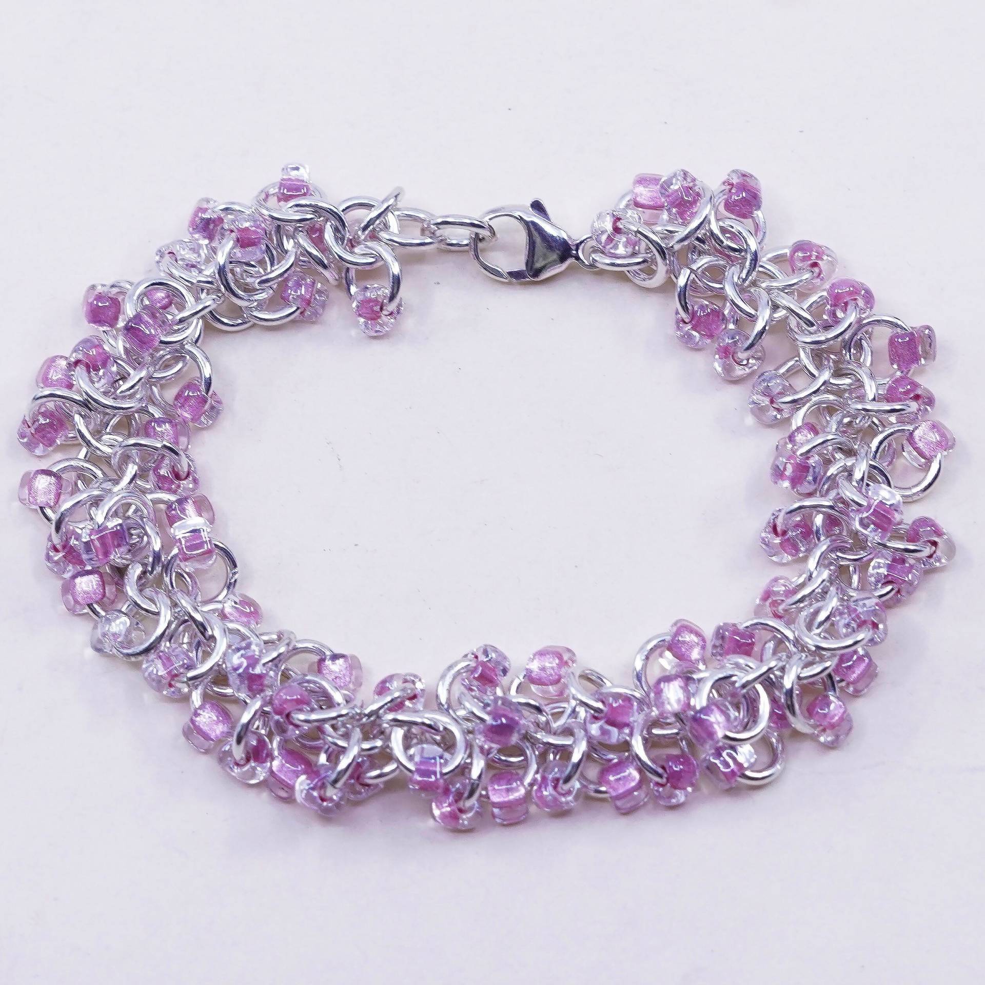 7", Vintage Sterling Silber Armband, 925 Kreis Kette Mit Rosa Perlen, Gestempelt von HerasJewel