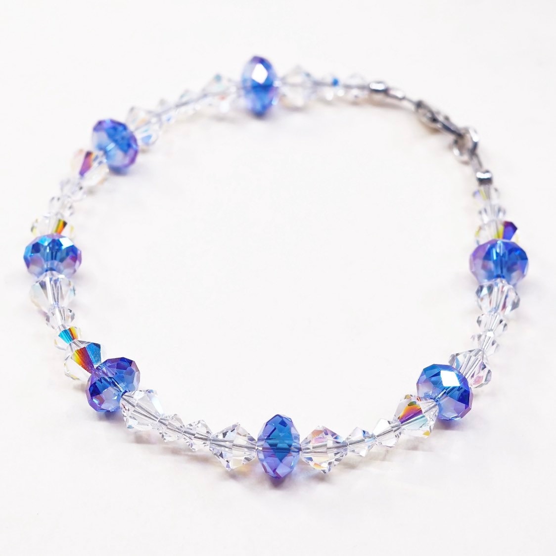 7.25", Vintage | 030098 Sterling Silber Handgemachtes Armband, Klare Und Blaue Kristall Swarovski Perlen, Gestempelt 925 von HerasJewel