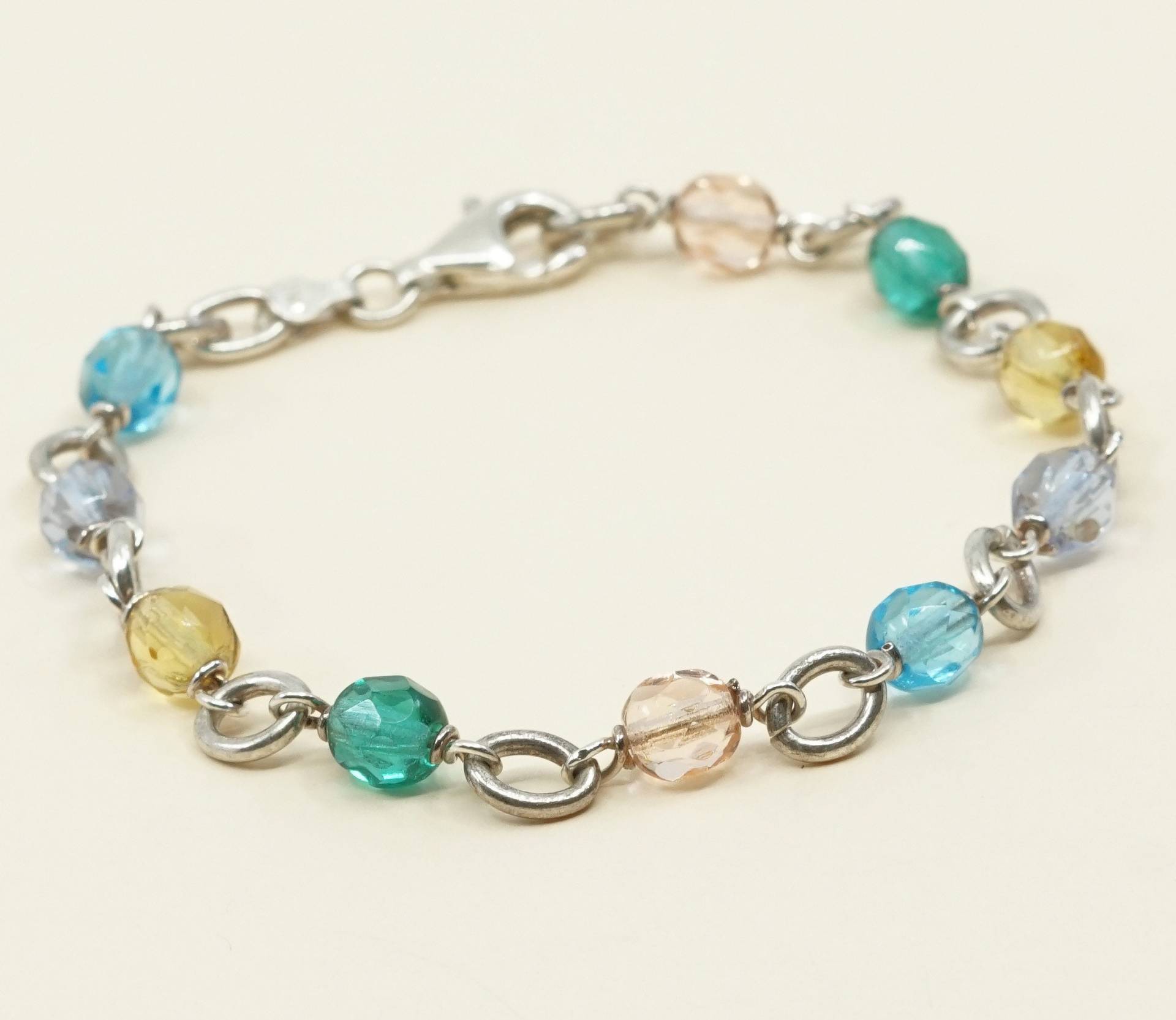 7.25", Vintage | 030110 Sterling Silber Handgemachtes Armband, Massive 925 Silberperlen Mit Bunten Kristallperlen, Gestempelt von HerasJewel