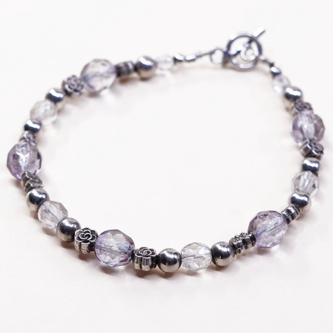 7.25", Vintage | 030141 Sterling Silber Handgemachtes Armband, Massive 925 Perlen Mit Kristallperlen Und Knebelverschluss, Gestempelt von HerasJewel