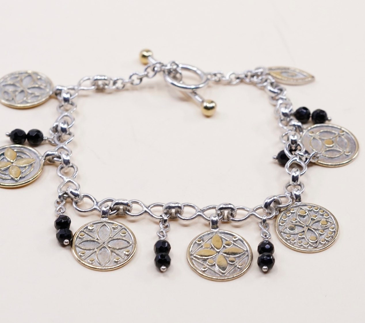 7.25", Vintage | 030142 Zweifarbiges Sterling Silber Handarbeit Armband, Massive 925 Kreis Scheibenkette Mit 22K Gold Akzent Und Obsidian Bea von HerasJewel
