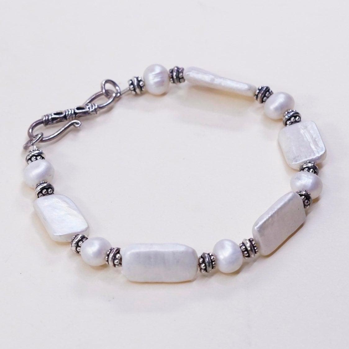 7.75", Vintage | 030737 Handgemachtes Armband, Perlen Mit 925 Silbernen Und Knebelverschluss, Silber Geprüft von HerasJewel