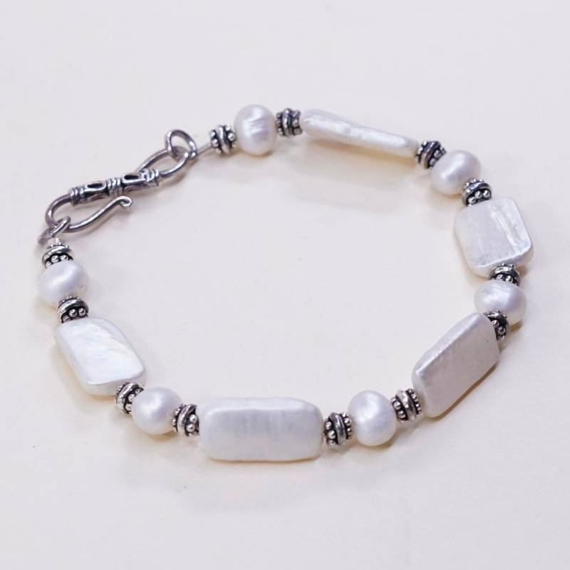 7.75", Vintage | 030737 Handgemachtes Armband, Perlen Mit 925 Silbernen Und Knebelverschluss, Silber Geprüft von HerasJewel